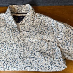 Men's White and Short Sleeve Blue Floral Button Down Shirt